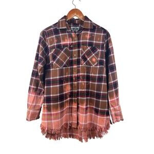 ONE 24 RAGS‎ Distressed Bleached Plaid Flannel Shirt Women's Small Frayed Hem